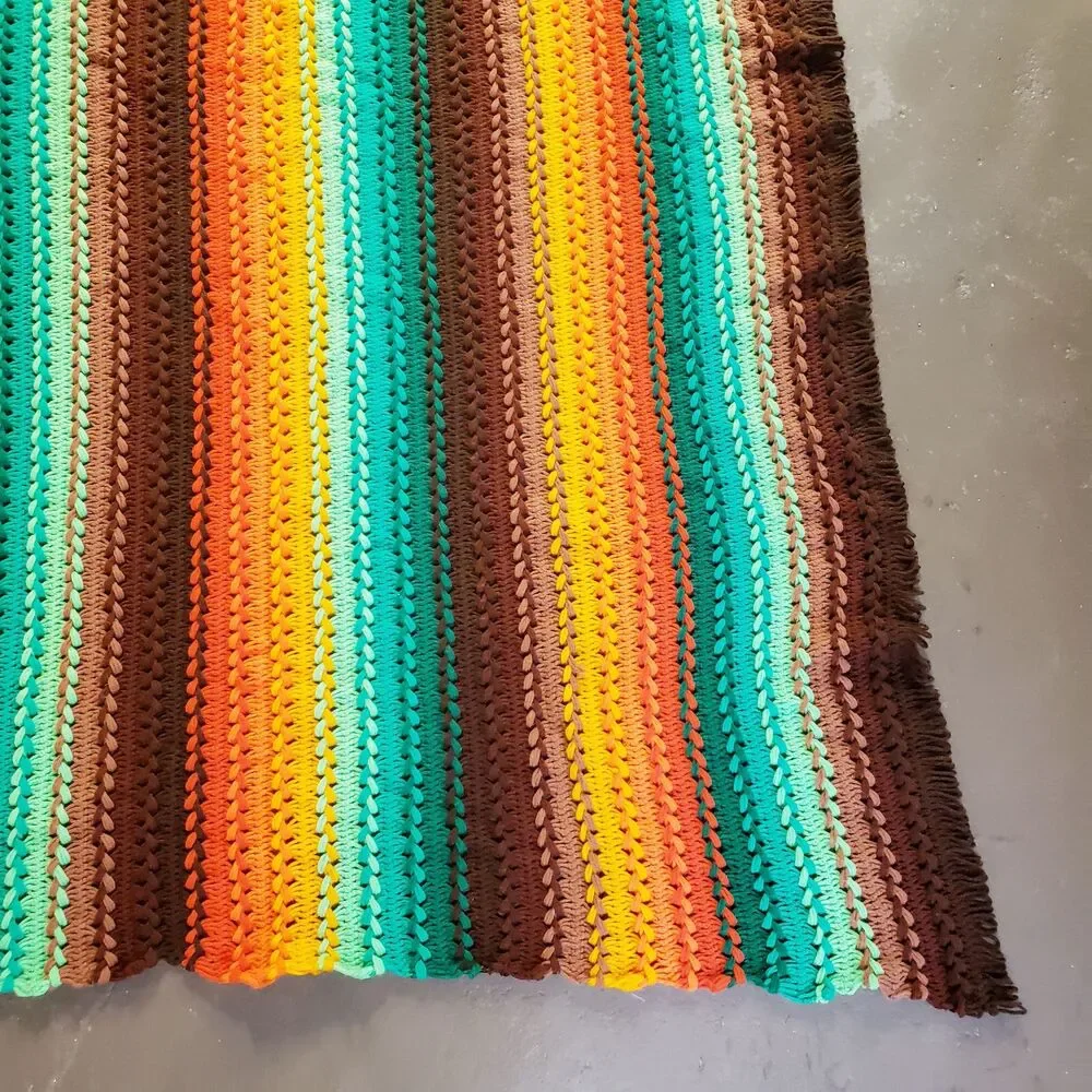 Vintage Afghan Crochet Throw Blanket Brown Green Orange Stripes Fringe MCM